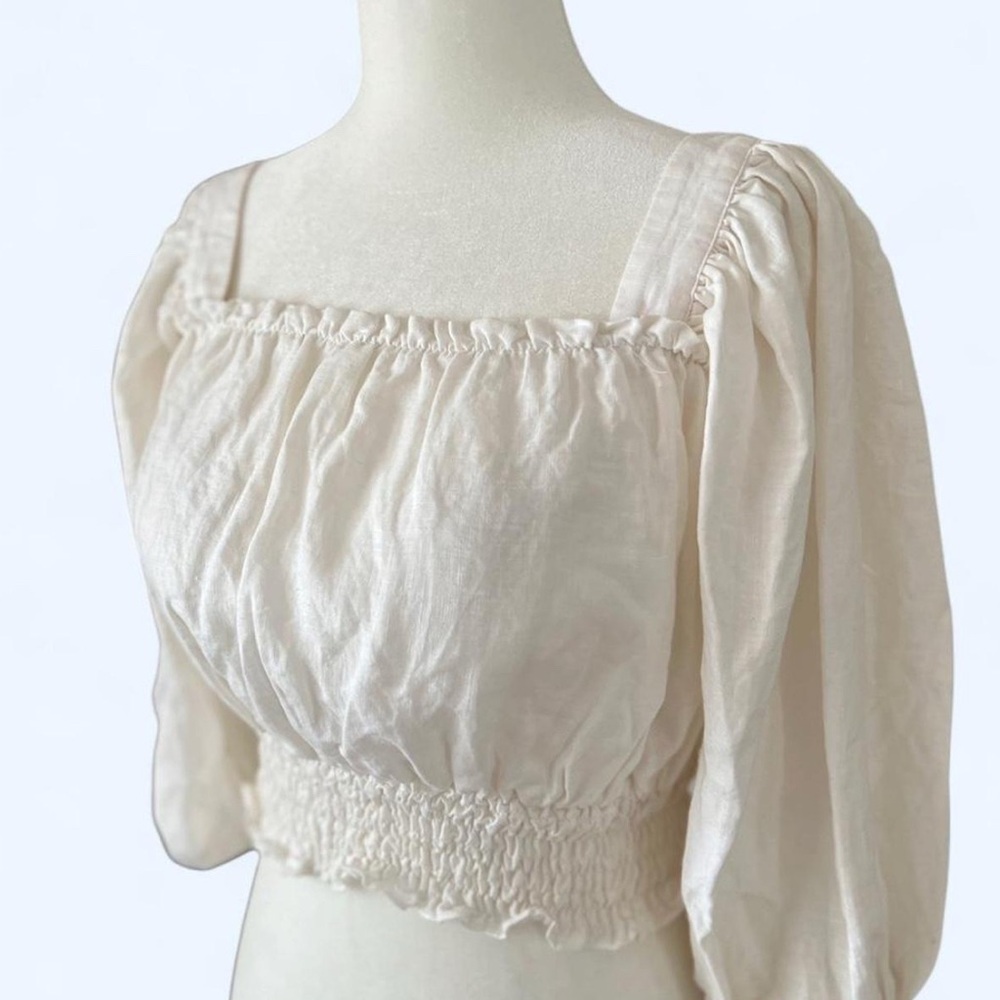 Forever Young White Peasant Linen Boho Fairy Milkmaid Smocked Crop Top Small
